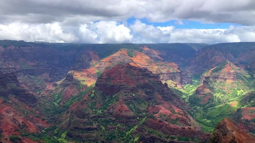Overview of Waimea Canyon on Kauai, Hawaii, USA, from a lookout on top of the Canyon