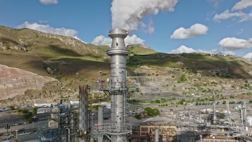Aerial view of Tall industrial refinery emitting steam, surrounded by mountains and industrial facilities.