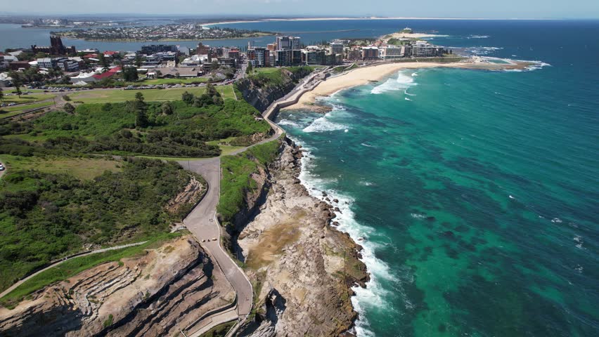 Aerial Shot Of Newcastle Beach With Newcastle Ocean Baths In NSW, Australia