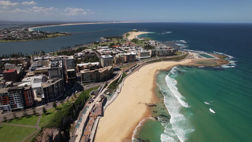Newcastle Beach With Newcastle Ocean Baths And Newcastle Canoe Pool In NSW, Australia - Aerial Shot