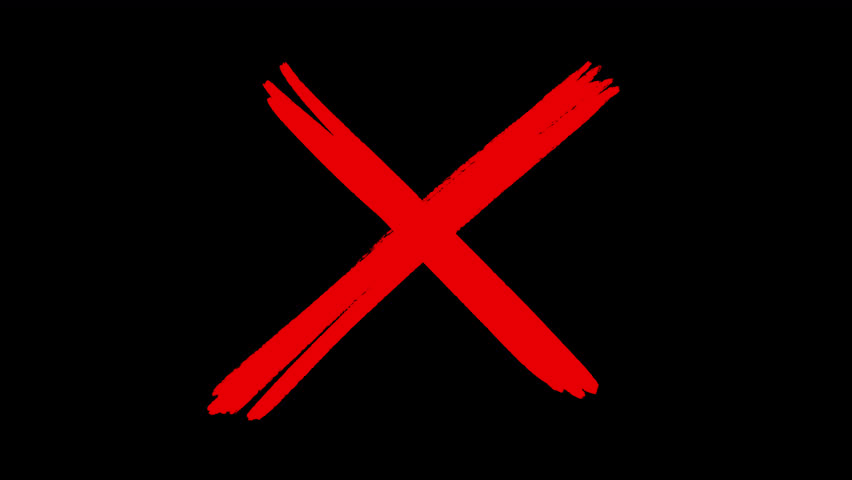 A red cross is drawn on a black screen. Stock video with a negative response concept. Cross icon for ban in 4K.