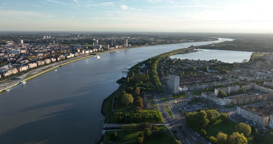 City of Antwerp, Belgium, along the Schelde river, next to downtown Antwerp. Aerial view