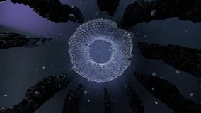 A seamless looping animation featuring a rotating torus-shaped object in the sky, surrounded by falling meteorites and floating debris. A futuristic and surreal cosmic scene, perfect for sci-fi, space - Powered by Shutterstock - Get 15% off with code: PIKWIZARD15