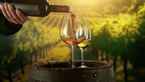Super Slow Motion of Pouring Red Wine into Glass. Filmed on High Speed Cinema Camera, 1000 fps. Vineyard on Background. Camera in Motion. Speed Ramp Effect. - Powered by Shutterstock - Get 15% off with code: PIKWIZARD15