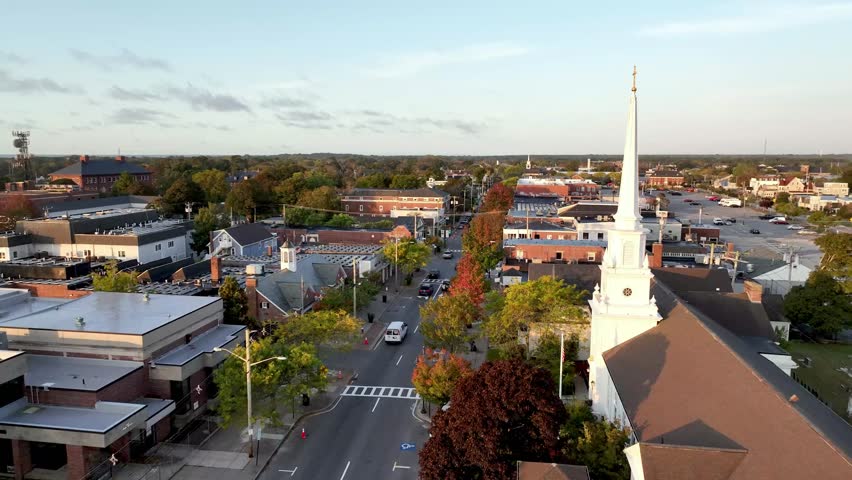 aerial push beyond church steeple in downtown Hyannis Massachusetts
