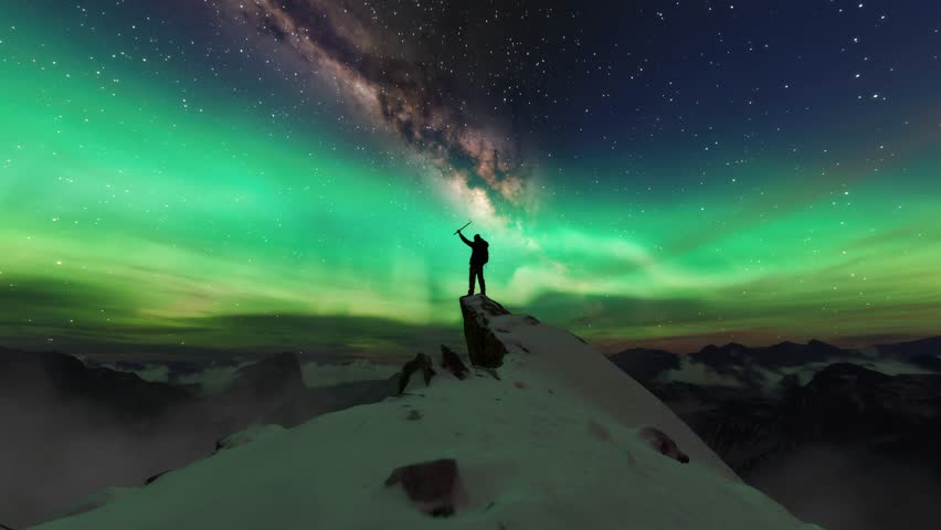 Hiker on Mountain Top with Aurora Borealis and Milky Way. 3D Rendering.