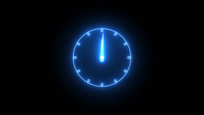 Glowing neon line clock icon animation on black background. analog clock timer circle animated. Analog clock spinning animation. Wall clock animation.