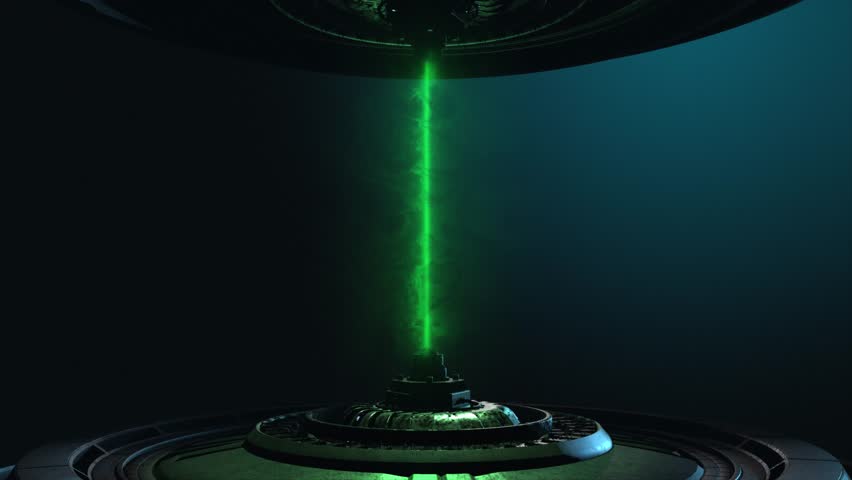 Dynamic animation of stylised reactor technology lazer emitter on a dark gradient background, with dramatic side lighting and an intense green high energy laser beam - ideal for background plate
