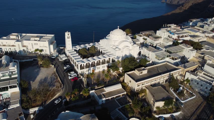 Metropolitan Church of Ypapanti Thira in Fira, Santorini, Greece. Flying around with my drone.