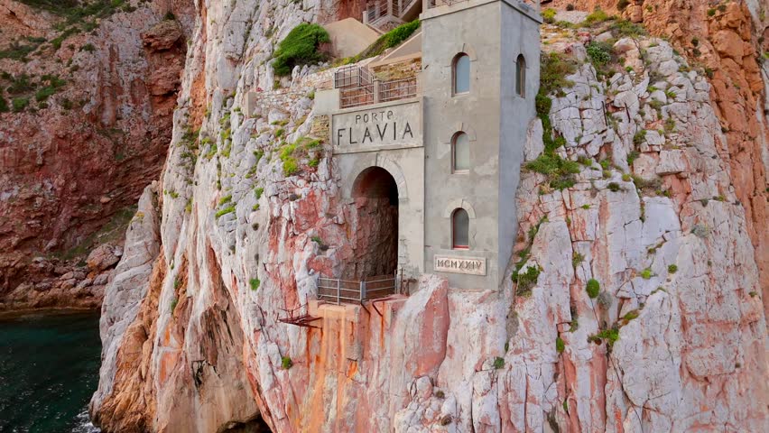 Aerial view of the historic mining port of Porto Flavia, Sardinia in Italy.