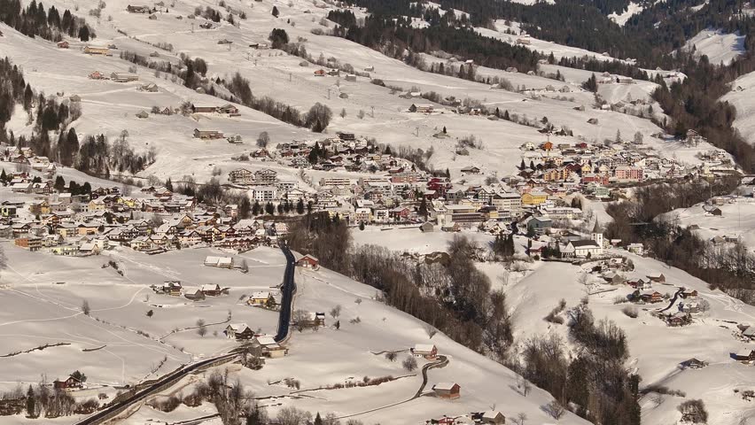 Snow-covered village in Amden, Switzerland, with beautiful mountainous views