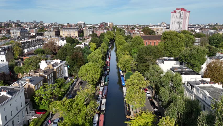 Aerial view Regents canal Little Venice London UK