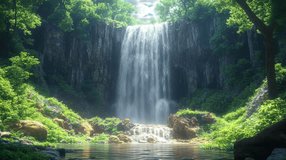 A majestic waterfall cascades down rocky cliffs into a tranquil pool, surrounded by lush green foliage. Sunlight filters through the trees, creating a serene and refreshing natural scene. - Powered by Shutterstock - Get 15% off with code: PIKWIZARD15