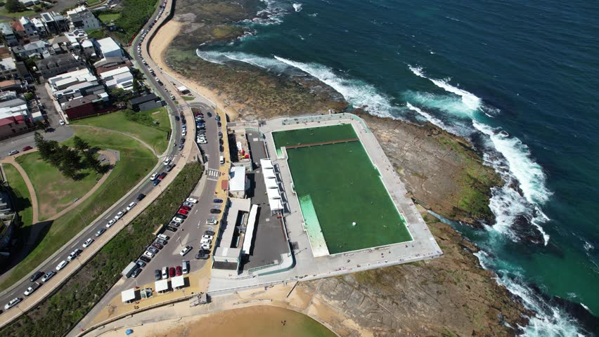 Newcastle Ocean Baths In NSW, Australia - Aerial Drone Shot
