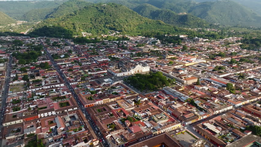 Slow panning drone of San Jose Cathedral in Antigua city, Guatemala