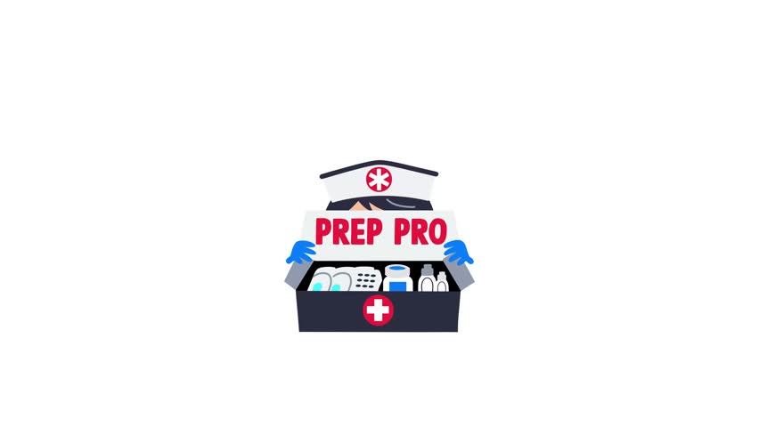 A flat animated sticker of a medical nurse with prep pro typography  