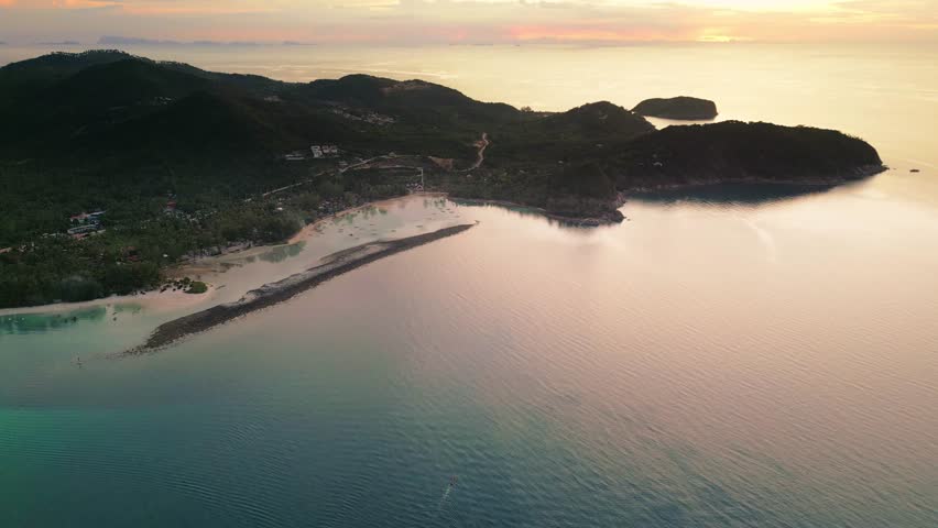 Aerial of Koh Nang Yuan islet at sunset beach in the island of Koh Phangan Thailand holiday destination