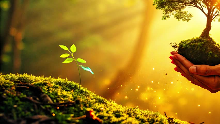 A breathtaking fantasy-inspired nature scene featuring a glowing tree held in human hands, symbolizing growth, sustainability, and harmony. 