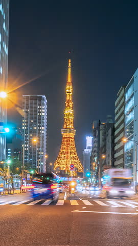 Timelapse Japan night  with Tokyo Tower and busy traffic