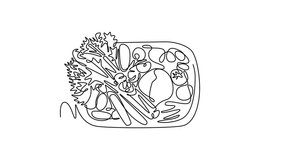 Self drawing animation of single line draw top view wicker basket with full of raw vegetables for groceries logo. Harvest result from agriculture process. Continuous line draw. Full length animated - Powered by Shutterstock - Get 15% off with code: PIKWIZARD15