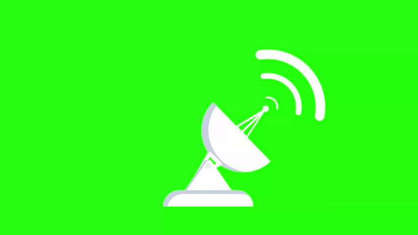 Animated parabola icon: moving satellite dish emitting signal waves to a looping 4k satellite