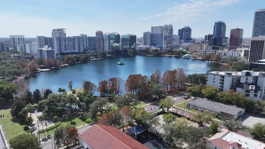 Eola Park At Orlando In Florida United States. High Rise Buildings Landscape. Financial District. Orlando At Florida United States. Downtown City. Urban Outdoor.