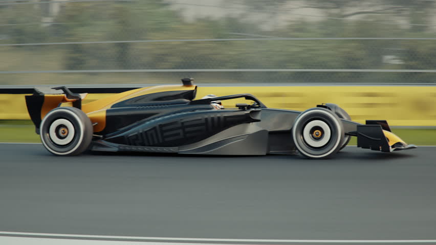 Dynamic parallel tracking shot of a generic race car racing along the homestretch over the finish line. 3d animation rendering. Generic car design - no copyright or trademark infringement