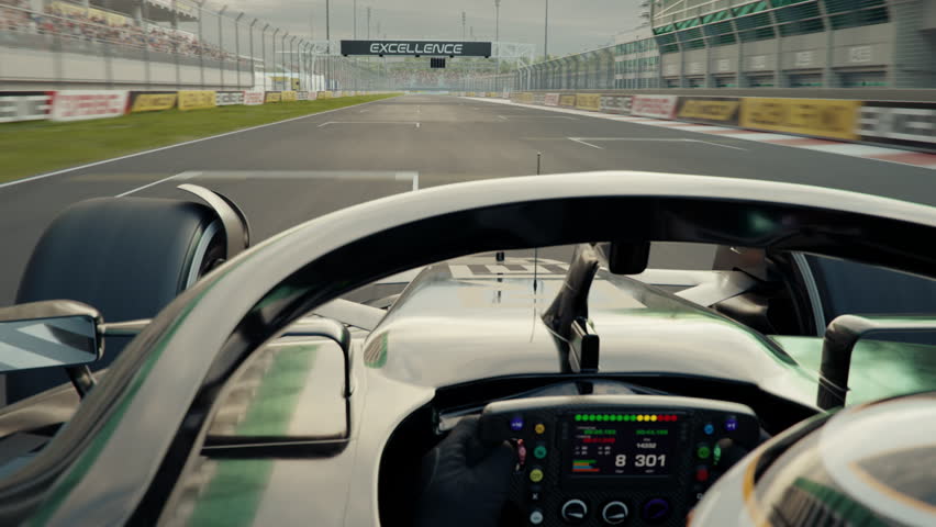 Over shoulder POV shot of a generic race car racing along the homestretch over the finish line. 3d animation rendering. Generic new 2025 black and gold car design