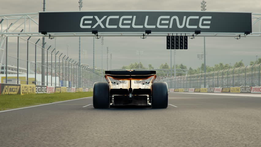 Camera orbits around a generic race car starting from pole position. Low angle view. Starting race cars move past. 3d animation rendering. Generic new 2025 black and gold car design