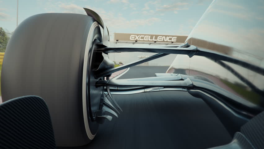 Extreme close-up of the wheel and suspension of a generic race car driving along the race chasing another race car. 3d animation rendering. Generic car design