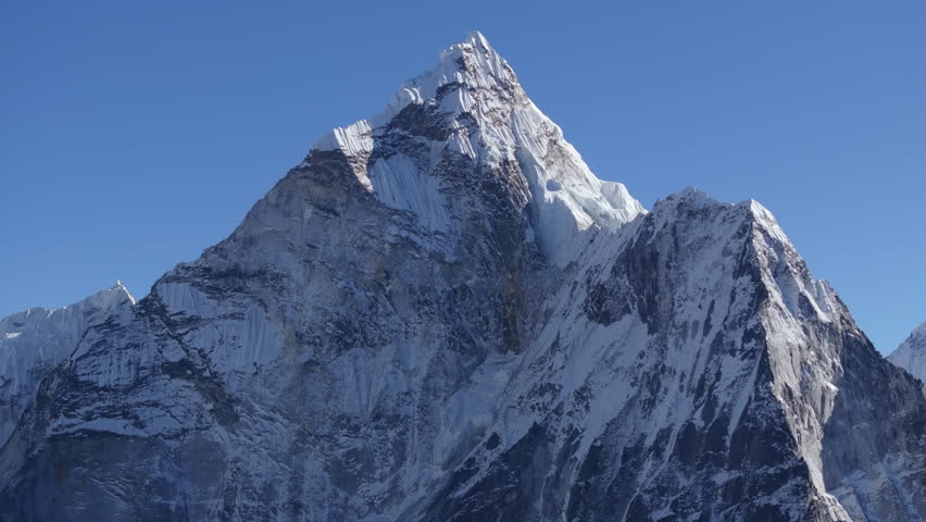 Aerial view of Mount Everest peak, world's highest peak, dominating the Nepal landscape with its snow capped summit and rugged slopes