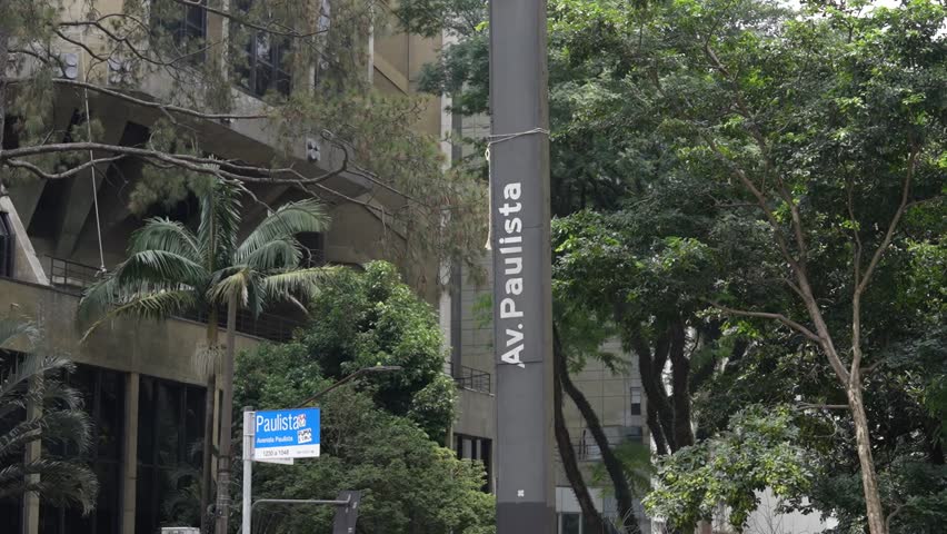 Location sign on Avenida Paulista, City of Sao Paulo, Brazil