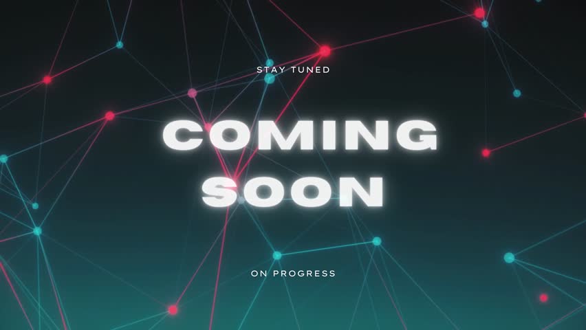 Digital-themed "coming soon" sign overlaying a futuristic background with network-style light connections.