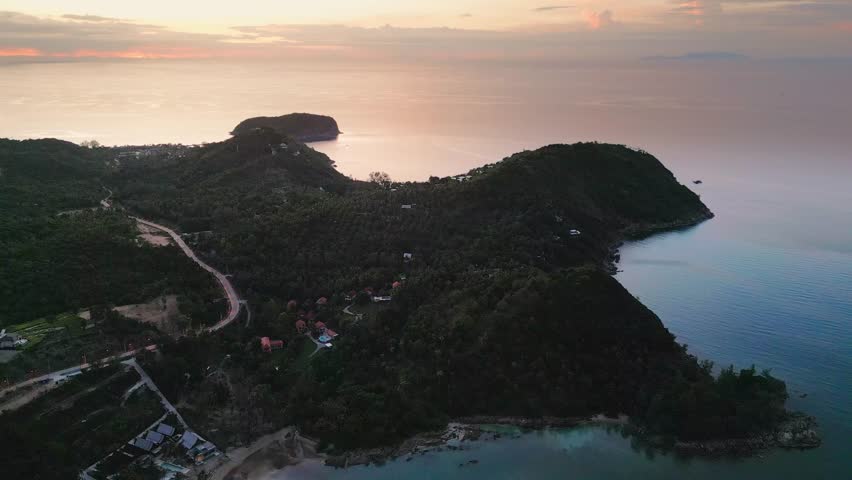 Slow Aerial Fly Ko Pha ngan travel island in the Gulf of Thailand Sunset Resort Tropical Green Lush Nature