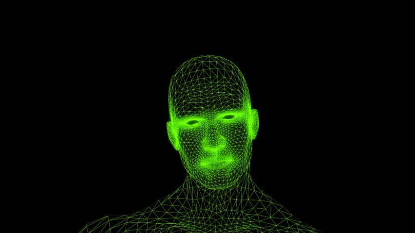 3D animation of a talking mesh head with glowing grid lines. Futuristic wireframe face simulating speech. Ideal for tech, sci-fi, digital interfaces, and virtual character concepts. - Powered by Shutterstock - Get 15% off with code: PIKWIZARD15