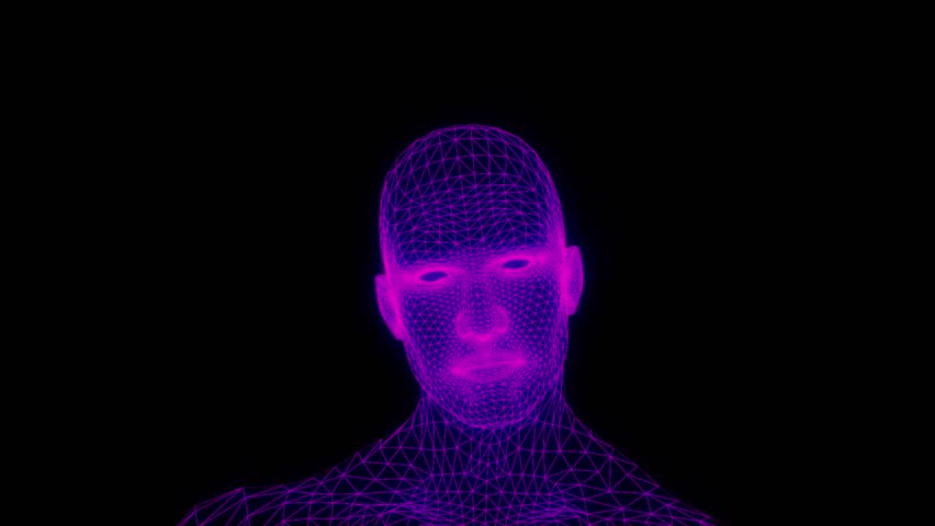3D animation of a talking mesh head with glowing grid lines. Futuristic wireframe face simulating speech. Ideal for tech, sci-fi, digital interfaces, and virtual character concepts. - Powered by Shutterstock - Get 15% off with code: PIKWIZARD15