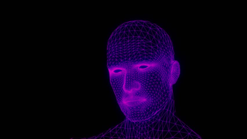 3D animation of a talking mesh head with glowing grid lines. Futuristic wireframe face simulating speech. Ideal for tech, sci-fi, digital interfaces, and virtual character concepts. - Powered by Shutterstock - Get 15% off with code: PIKWIZARD15