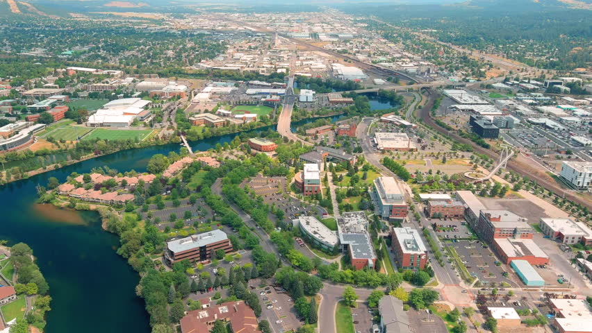 Aerial View Of Spokane River And University District In Spokane City In Washington, USA.