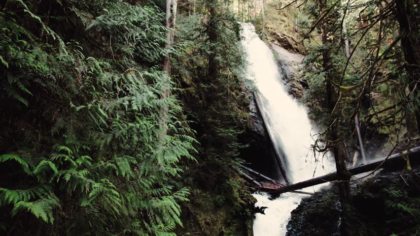 Aerial drone shot of Murhut Falls during the day in Olympic National Forest, Hood Canal Ranger District, Washington, USA