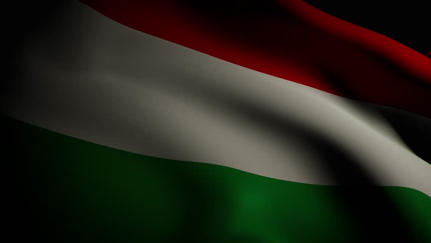 A closeup, spotlight-lit realistic 3D animation of the Hungarian flag waving, showcasing its vibrant colors and smooth, flowing motion.