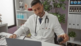 Doctor working at a clinic in a white coat with a stethoscope, answering phone calls and taking notes, surrounded by medical equipment and plants in a professional office. - Powered by Shutterstock - Get 15% off with code: PIKWIZARD15