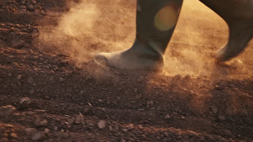 Farmer walking through tilled agricultural field in sunset, close up of rubber boots, low angle view, 4K slow motion with selective focus