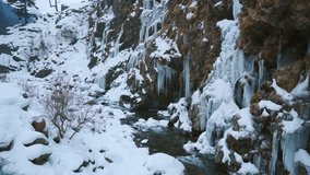 4K shot of frozen Drung waterfall during winter season at Tangmarg, Jammu and Kashmir, India. Majestic frozen waterfall in a dramatic landscape. Winter wonderland. - Powered by Shutterstock - Get 15% off with code: PIKWIZARD15