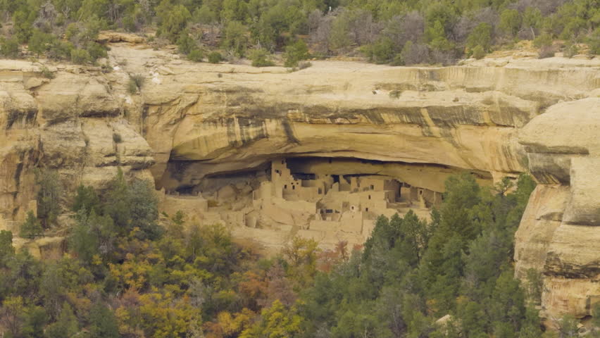 Wide shot of Cliff Palace during the day built by the Ancestral Puebloans in Mesa Verde National Park, Montezuma County, Colorado, USA