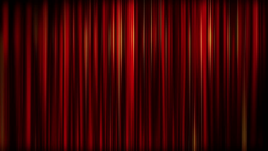 Abstract animation of fabric waved drapery shine red background. Closed red theater or cinema curtain on stage with flare sparkles. Looped motion graphic.