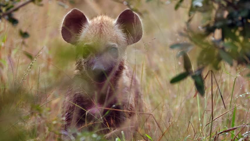 Little Spotted hyena cub peeks at camera from behind savanna vegetation