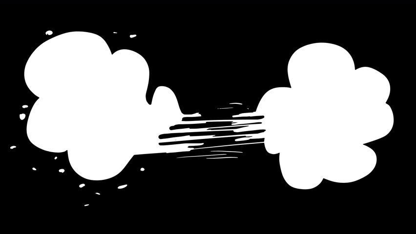 Cartoon white smoke transition filling the black screen. Stock video with billowing steam in 4K with an alpha channel for scene changes.