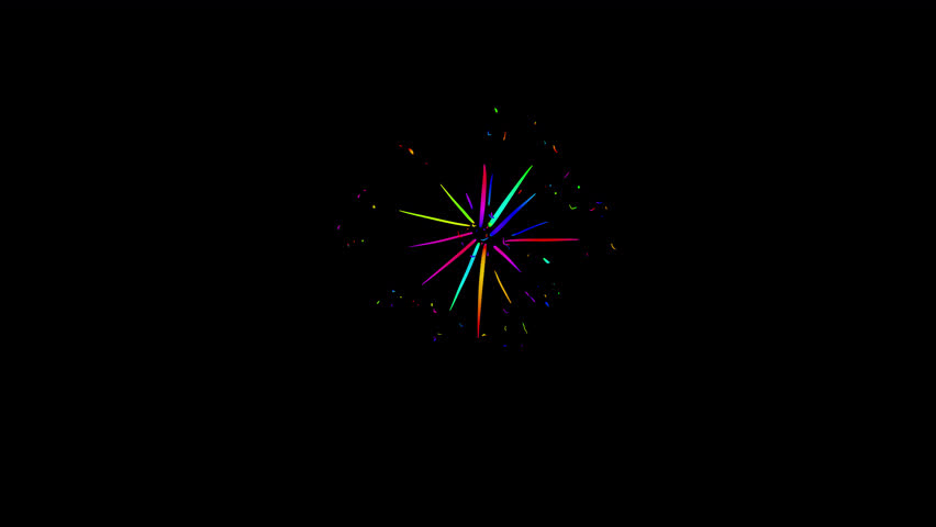 A colorful 2D firework on a black screen. A cartoon-style pyrotechnic animation in 4K with an alpha channel. A stock video capturing the atmosphere of celebration and success.