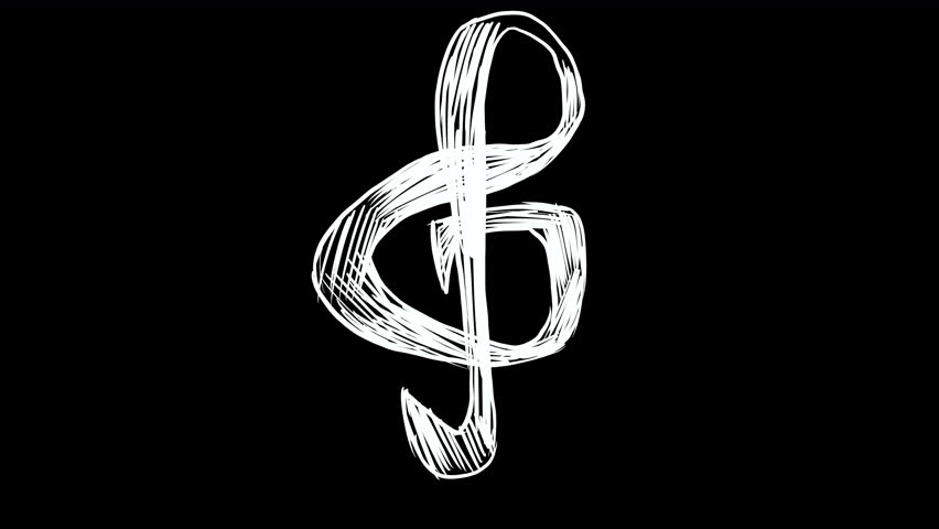 A treble clef and musical notes filling the space on a black background. Hand-drawn white marker musical elements for scene transition in 4K.