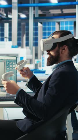 Vertical video Photovoltaics factory worker using VR headset to monitor performance of robot arms placing solar panels on assembly lines. Expert inspecting solar plant machinery using virtual reality